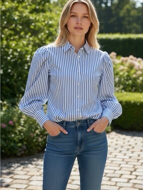 AQUA Blue White Striped Puff Sleeve Button Down Shirt XL Chic Oversized Blouse